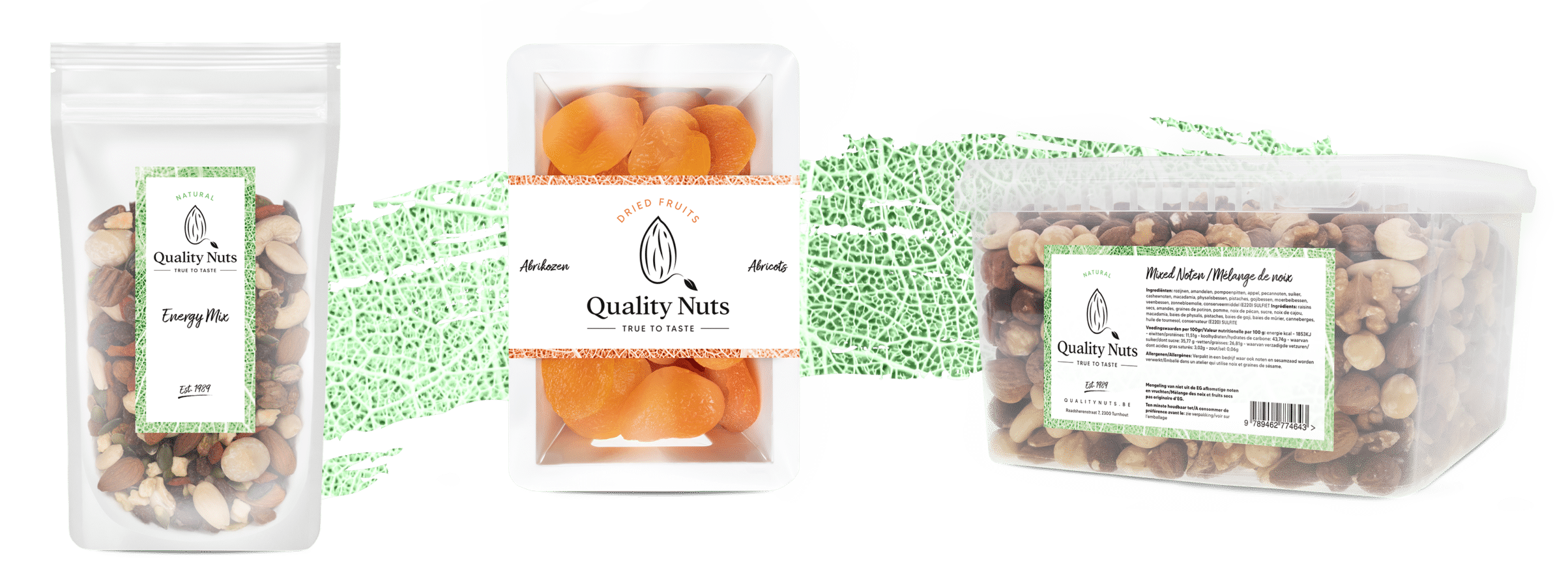 Verschillende verpakkingen van kwalitatieve walnoten en gedroogd fruit van Quality Nuts.